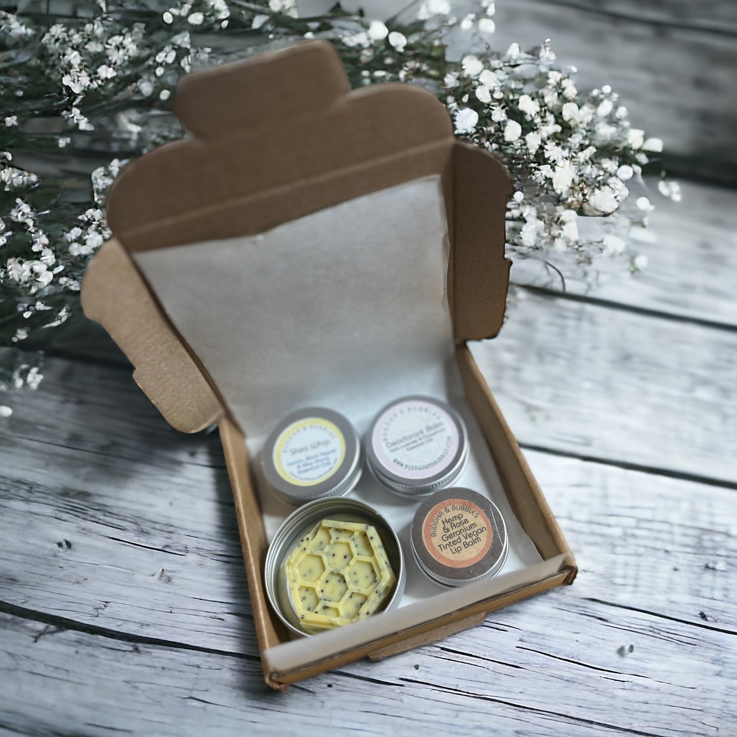 Skincare discovery box including soap, deodorant balm and Shea whip, Lip Balm in mini sizes 