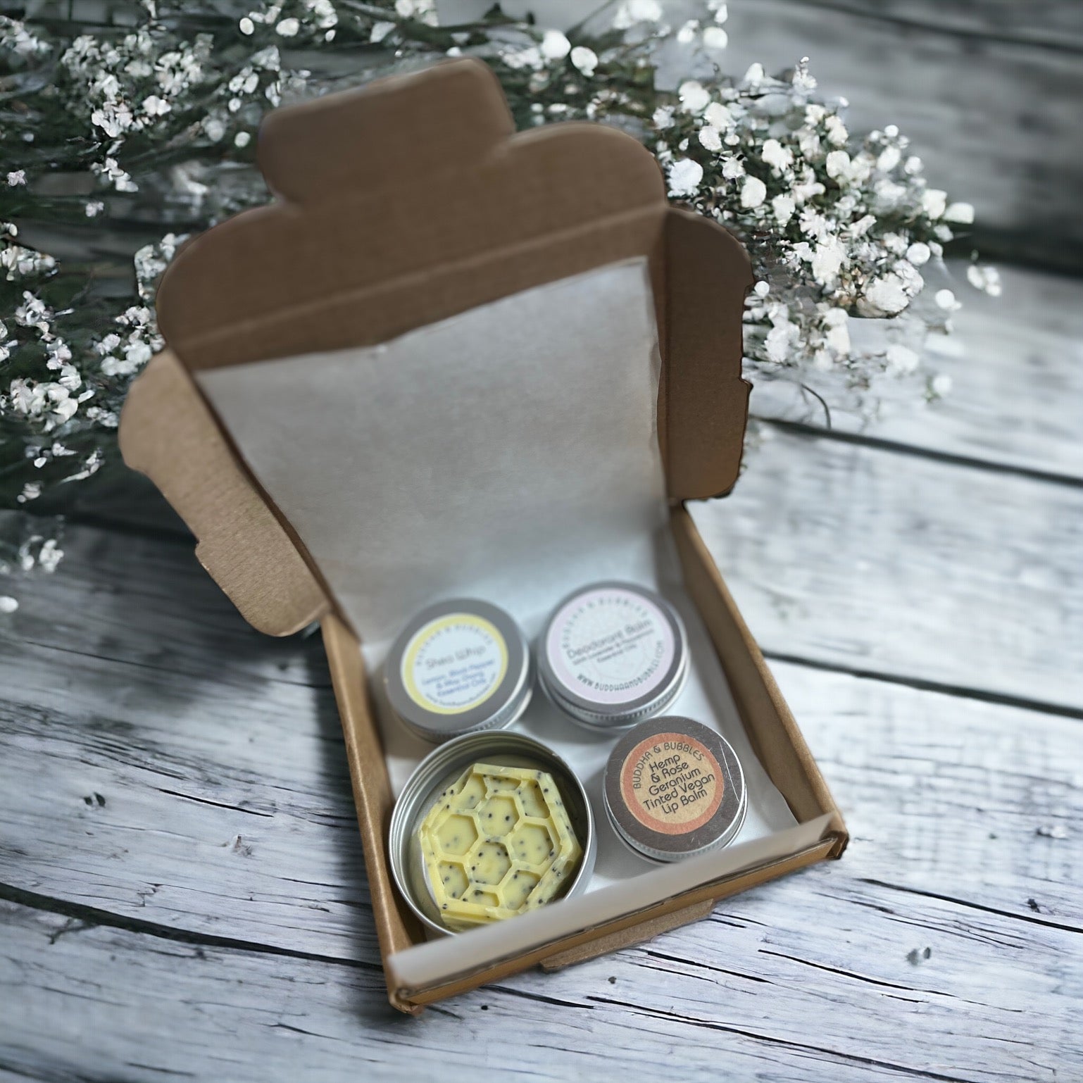Skincare discovery box including soap, deodorant balm and Shea whip, Lip Balm in mini sizes 