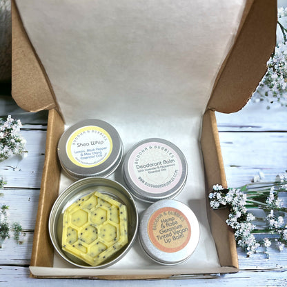 Skincare discovery box including soap, deodorant balm and Shea whip, Lip Balm in mini sizes 