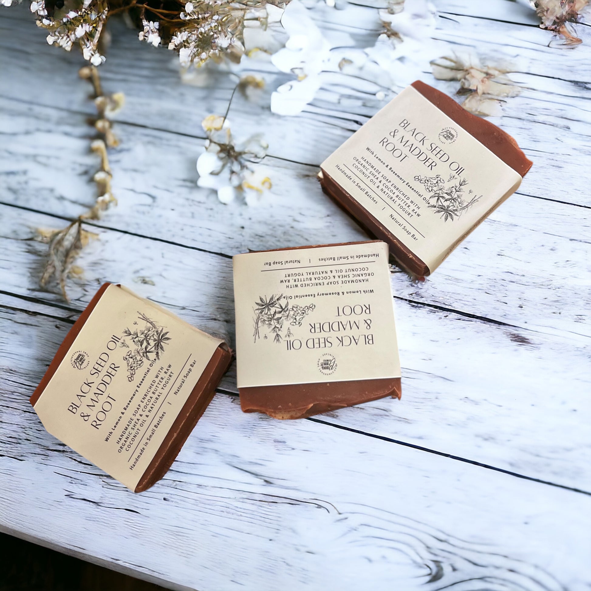 Natural Soap UK with Black Seed Oil, Madder Root, Organic, Shea Butter, Coconut Oil, Yogurt, Lemon, Rosemary essential oils 