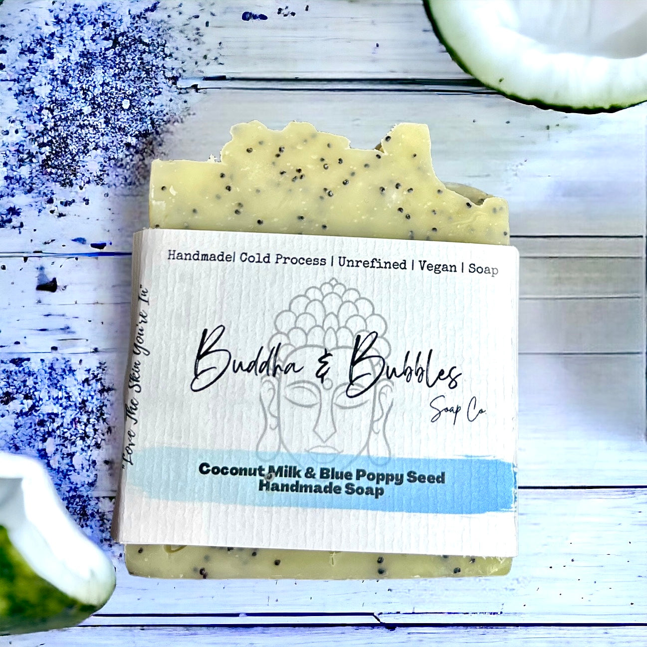 Soap bar exfoliating with coconut milk and blue poppy seeds 