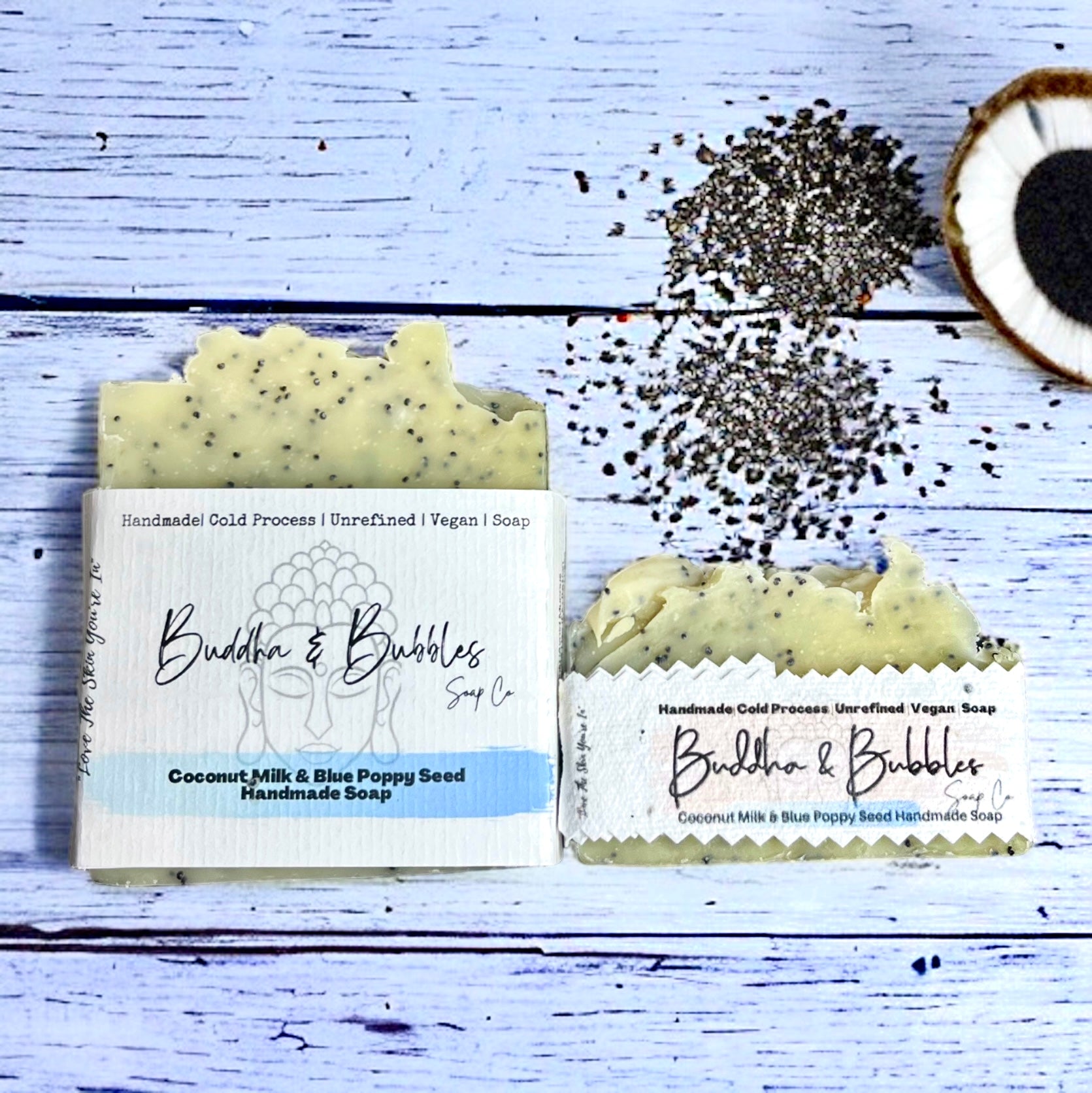 Soap bar exfoliating with coconut milk and blue poppy seeds 