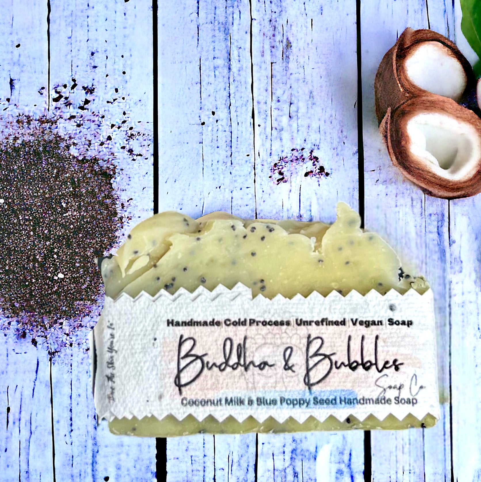 Soap bar exfoliating with coconut milk and blue poppy seeds 