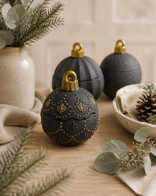 handmade black eco resin Christmas bauble candles fragranced with essential oils with gold accents are arranged on a wooden table with eucalyptus branches . Made by Buddha & Bubbles Botanicals