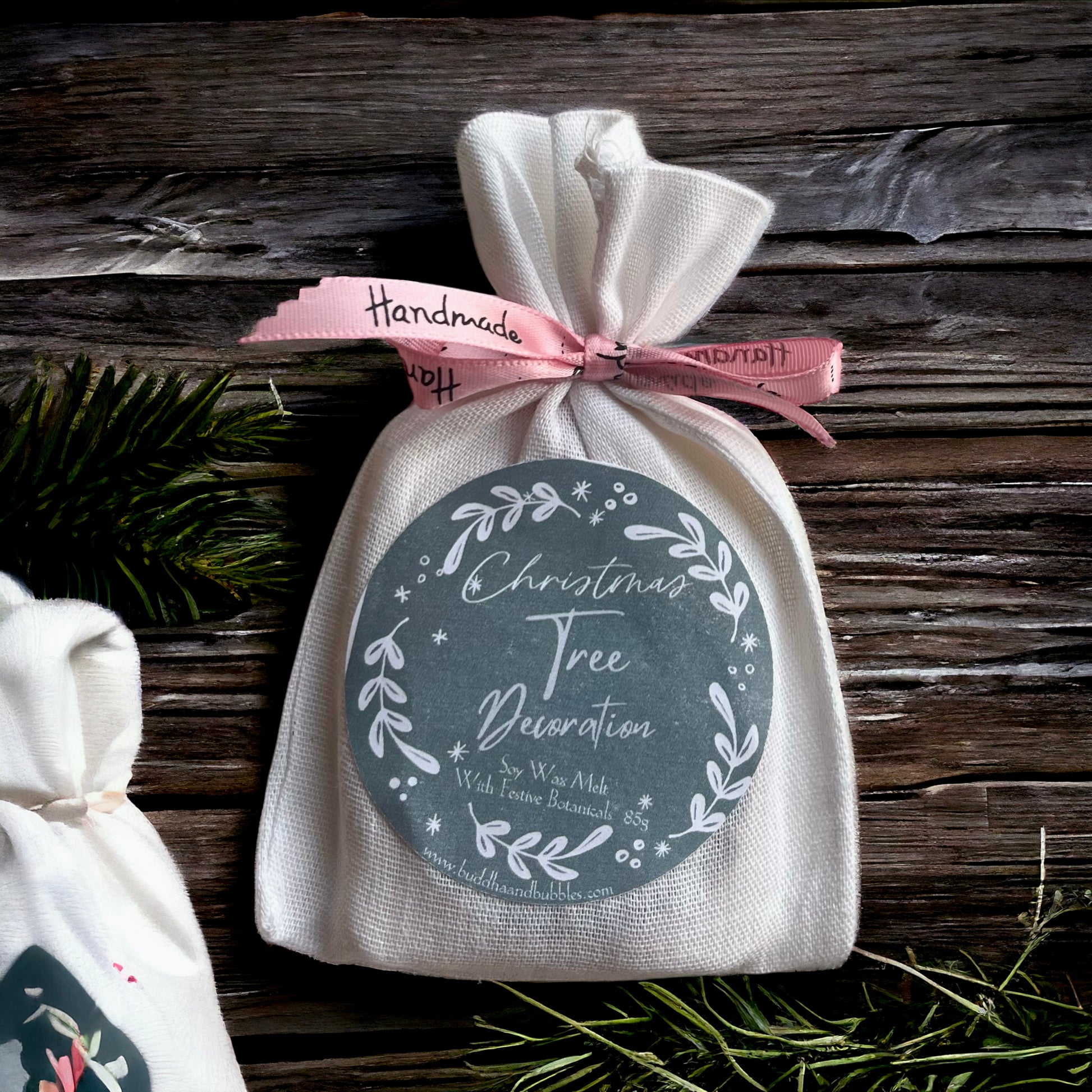 Soy Wax Botanical Xmas Tree Decoration with reusable cotton bag drawer freshener