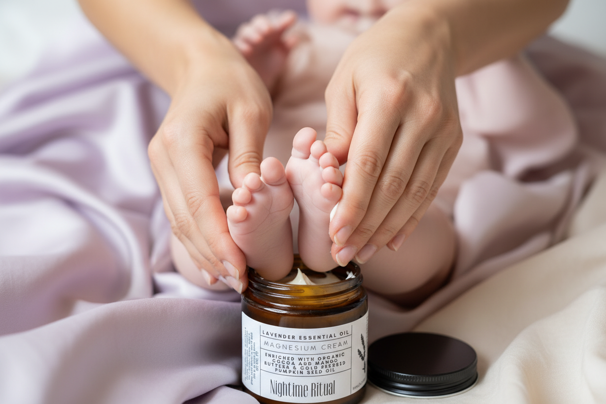 babys feet in a pot of little moonlight magnesium cream being held by a parent's hand