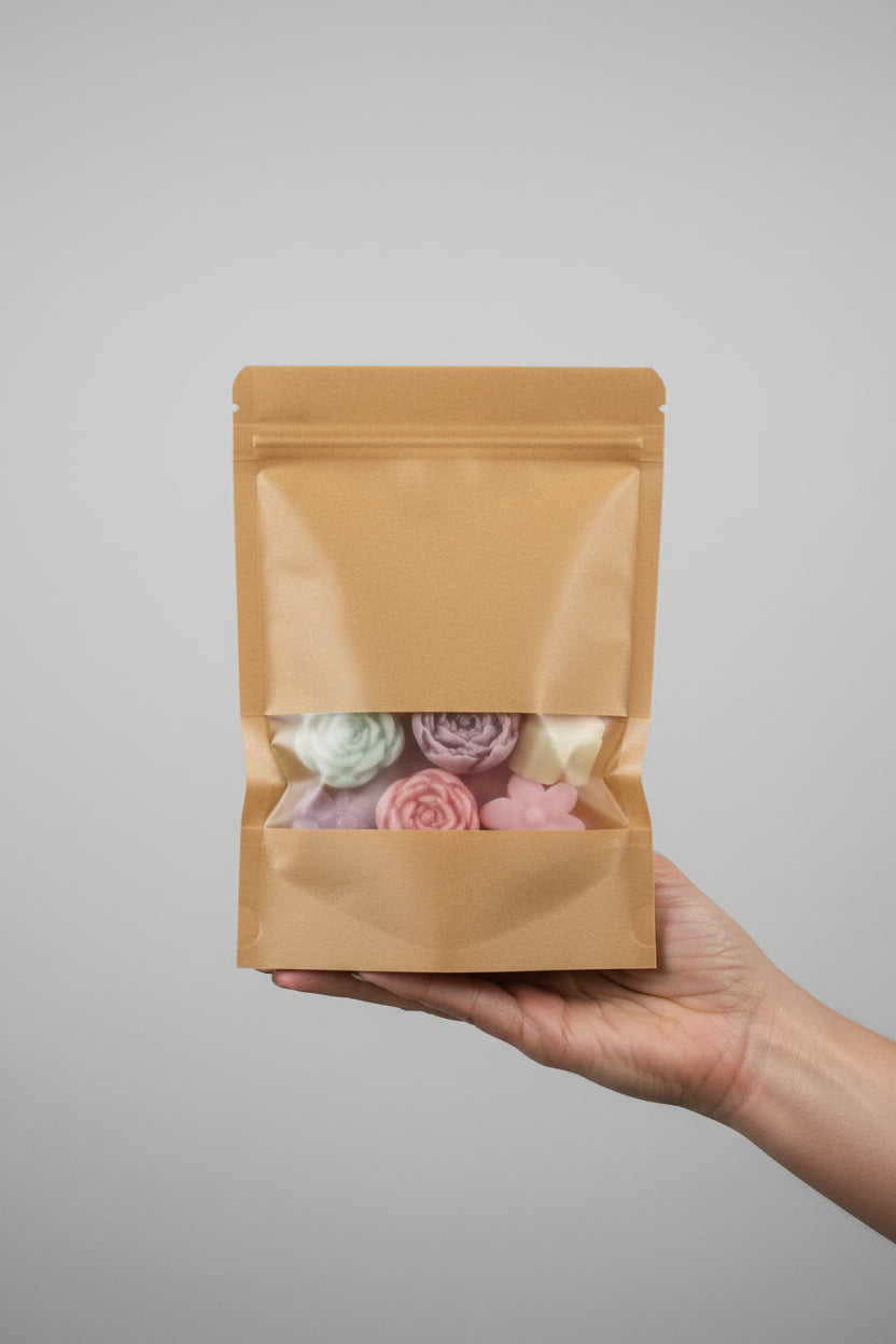 A hand holding a kraft stand-up pouch with a clear window showing pink and purple botanical wax melts inside