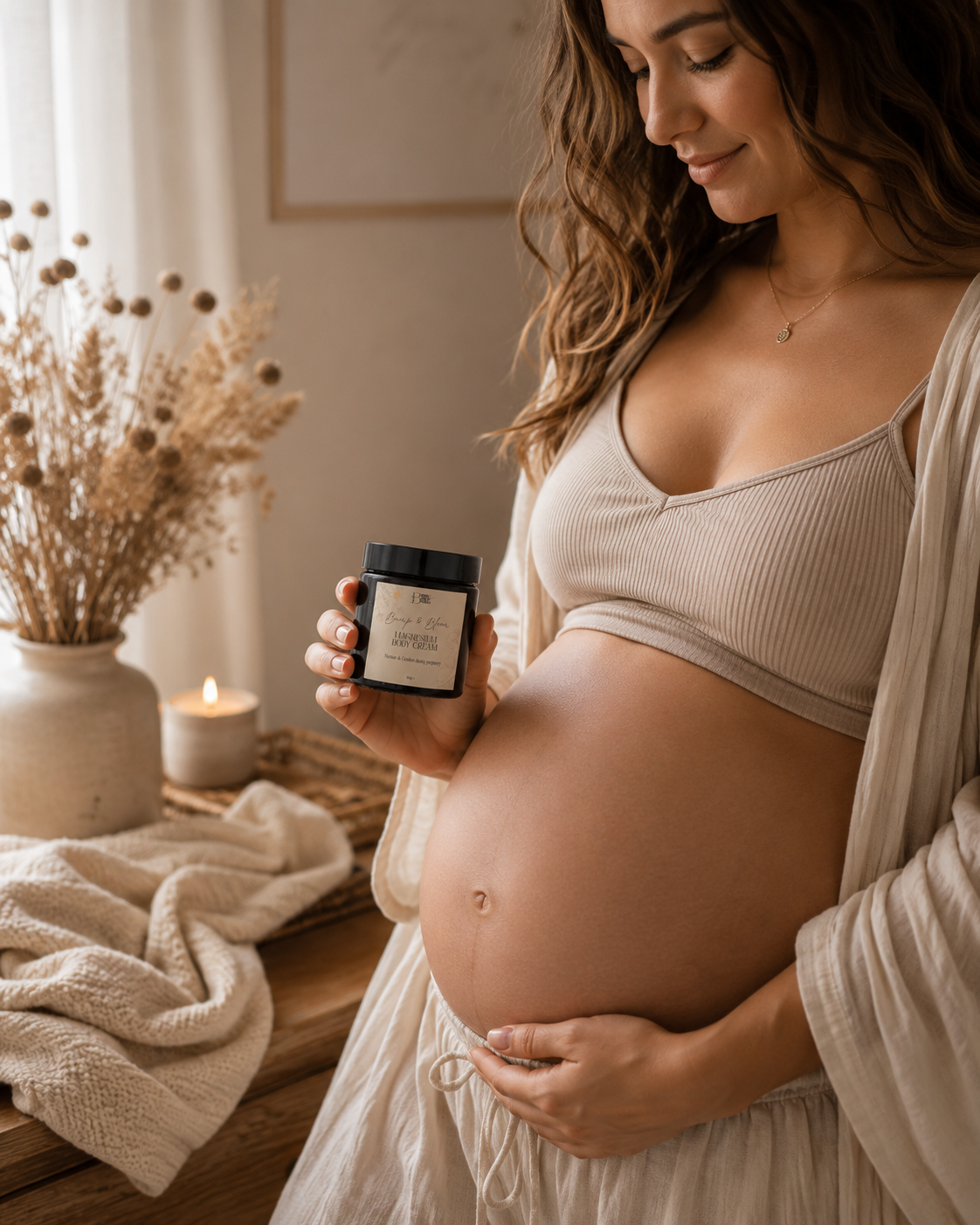 A pregnant woman in a beige ribbed tank top and cream robe holds a small amber glass jar labeled Bump and Bloom Magnesium Cream near her belly in a warm, softly lit room with dried flowers and a candle.