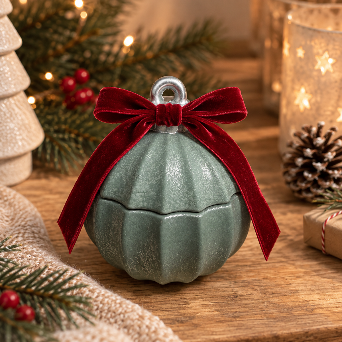 A handmade eco resin Christmas bauble candle ornament tied with a deep red velvet bow, displayed on a wooden surface with festive holiday decorations in the background.