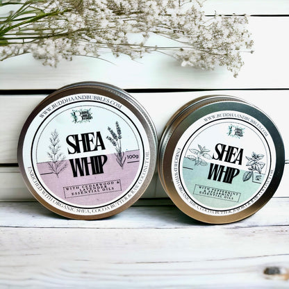 handmade shea whip with geranium and patchouli essential oils in a white background made by buddha and bubbles botanicals