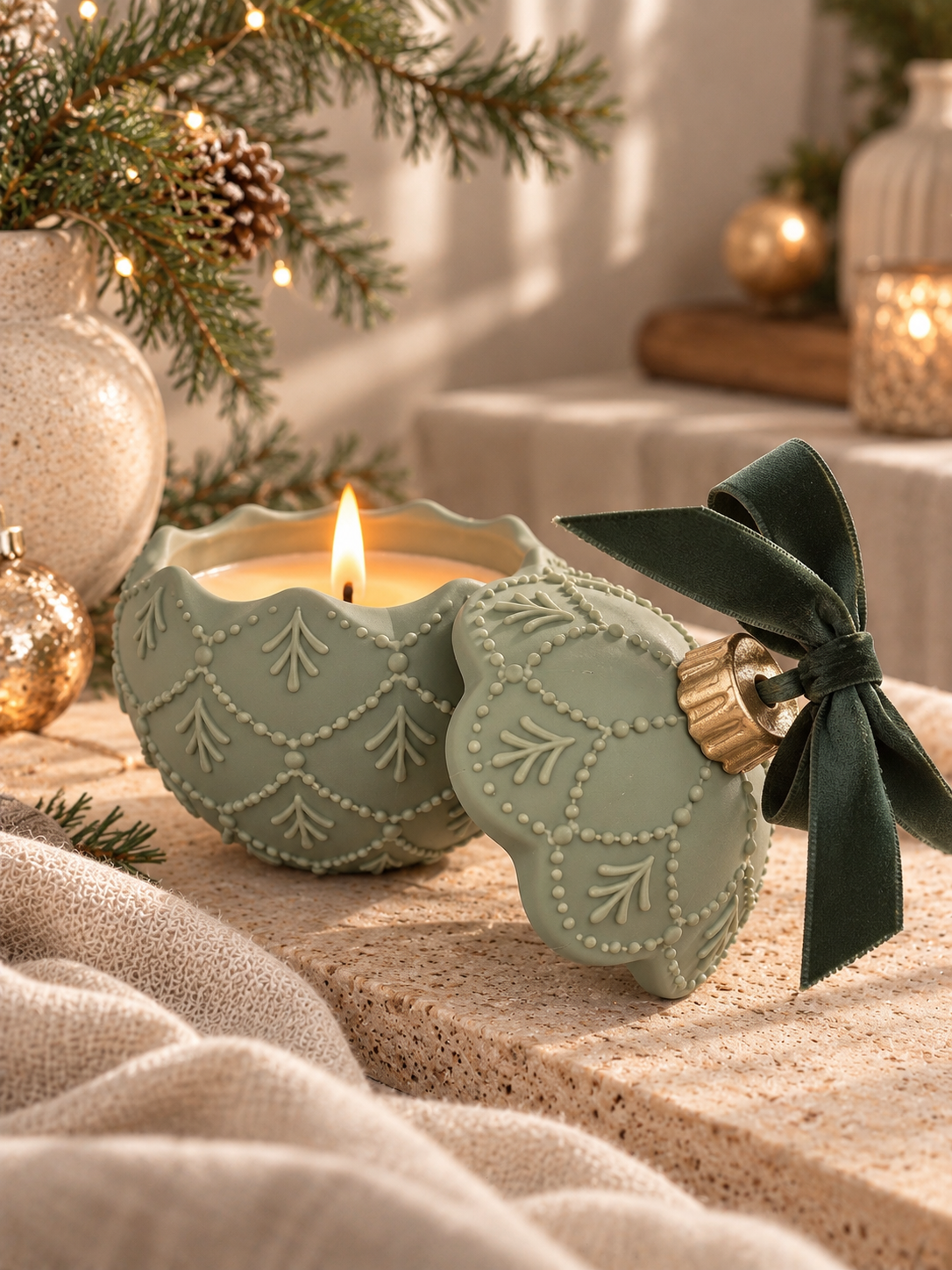 christmas bauble candle in a pale sage green with embossed tree motifs and a matching lid tied with a dark green ribbon, styled on a stone surface with warm lights and pine branches in the background.