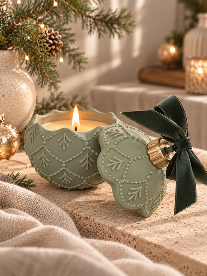 christmas bauble candle in a pale sage green with embossed tree motifs and a matching lid tied with a dark green ribbon, styled on a stone surface with warm lights and pine branches in the background.