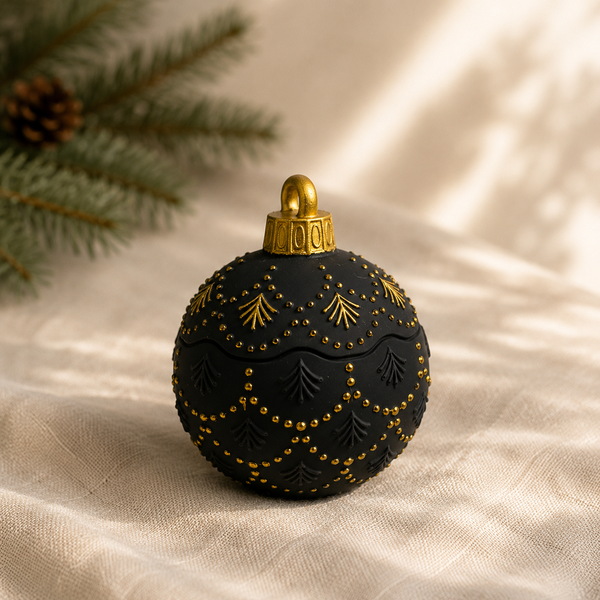 A black Christmas bauble candle ornament with gold tree and dot patterns, topped with a gold cap, resting on beige fabric with pine branches in the background.