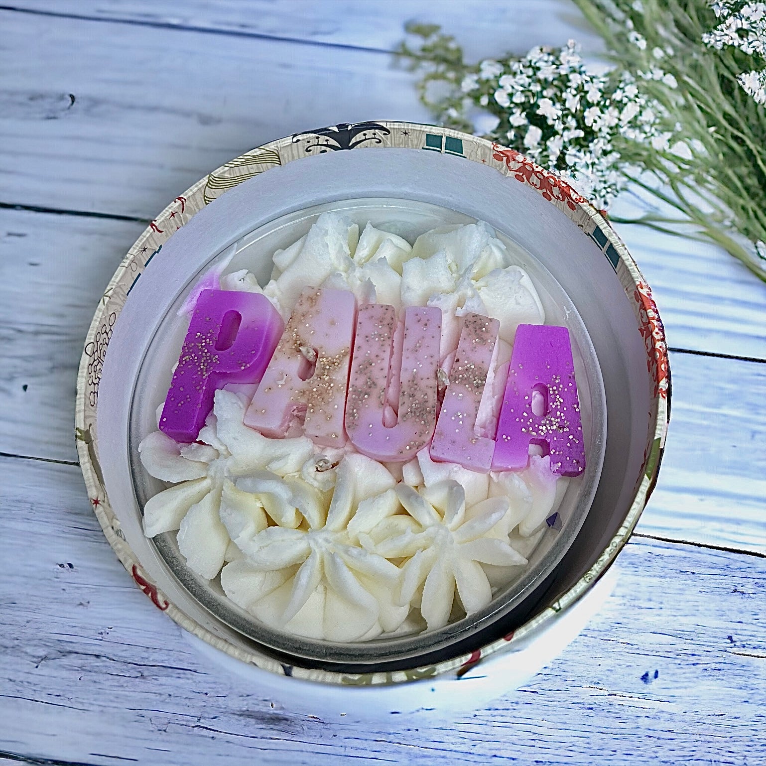 customised Luxury triple-wick candle featuring hand-piped whipped wax with choice of wax melt embeds