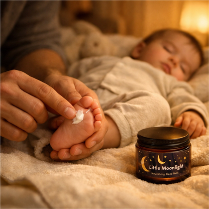 parent applying cream to a child's foot with 'Little Moonlight' cream in the foreground.