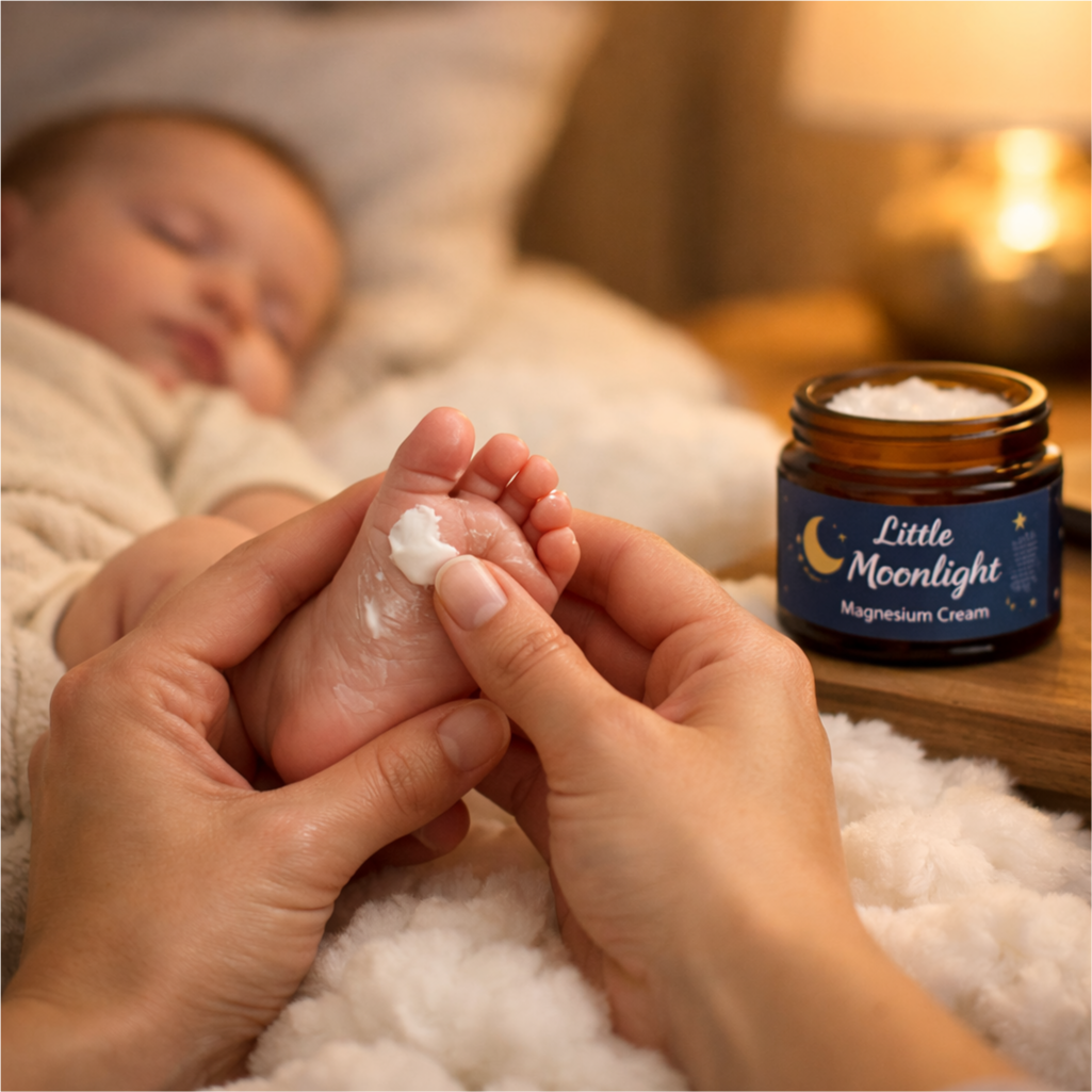 Parent applying cream to a baby's foot with 'Little Moonlight' magnesium cream jar in the background.