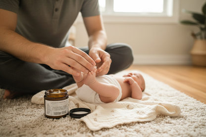 little moonlight magnesium cream with dad rubbing cream into baby's feet to help with sleep