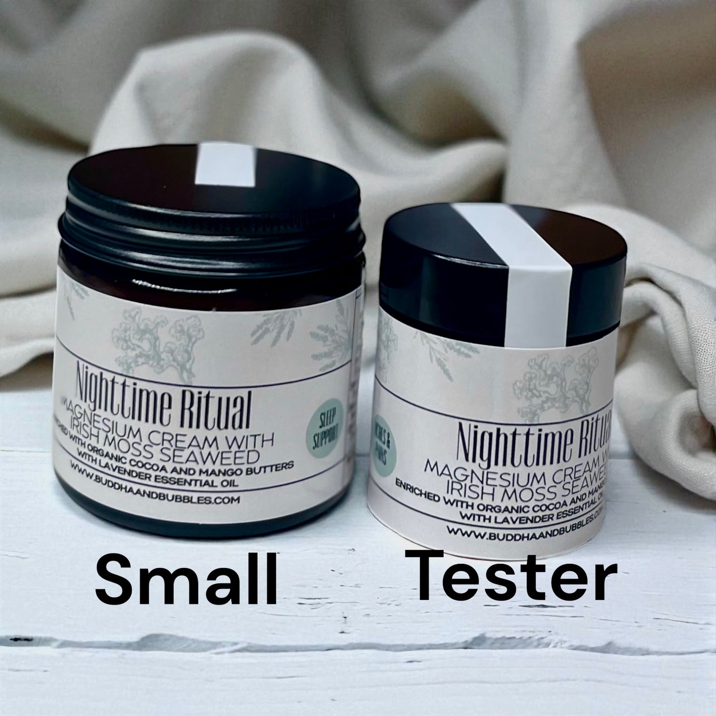 Two jars of 'Nighttime Ritual' seaweed magnesium cream with labels indicating size on a neutral background.
