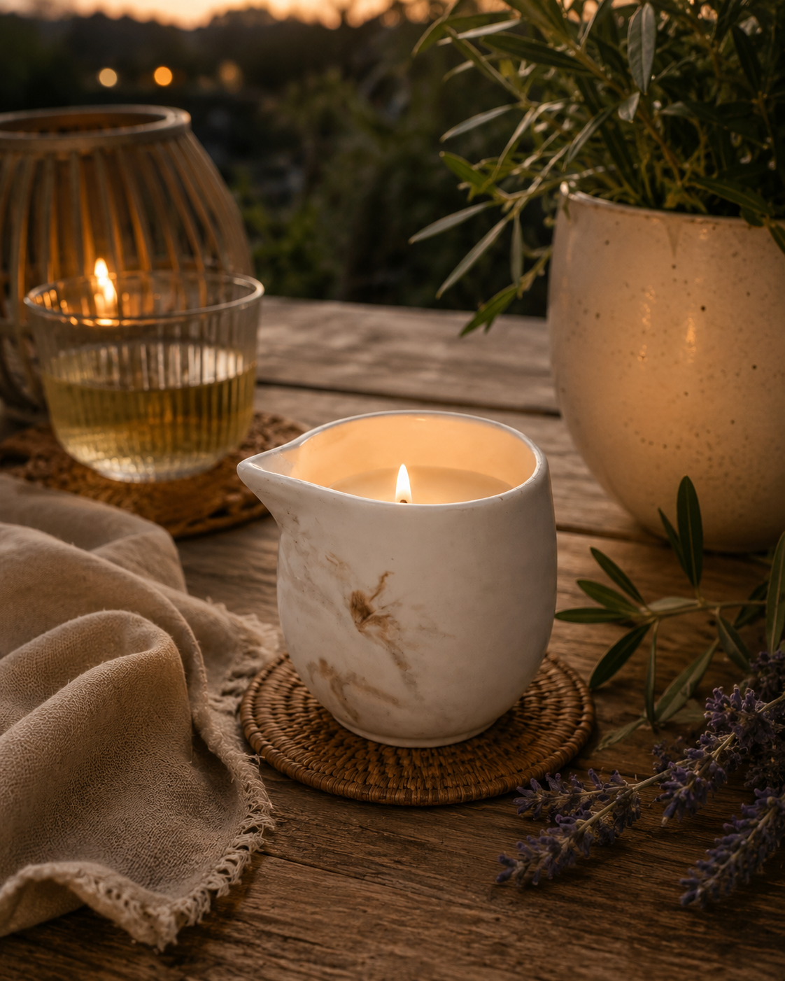 massage Candle in a ceramic candle holder, glass of liquid, and lavender on a wooden surface.