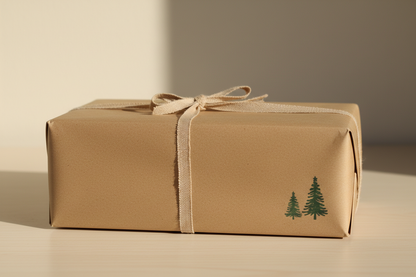 plain Kraft wrapped oblong gift box with beige ribbon and two xmas tree ink stamps in the bottom corner