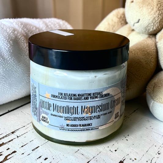 featuring Irish moss seaweed magnesium cream enriched with organic cocoa and mango butters with lavender essential oil made by buddha and bubbles botanicals