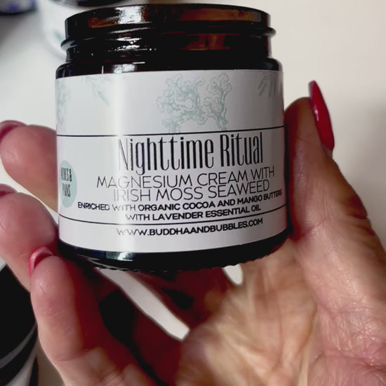 featuring Irish moss seaweed magnesium cream enriched with organic cocoa and mango butters with lavender essential oil made by buddha and bubbles botanicals