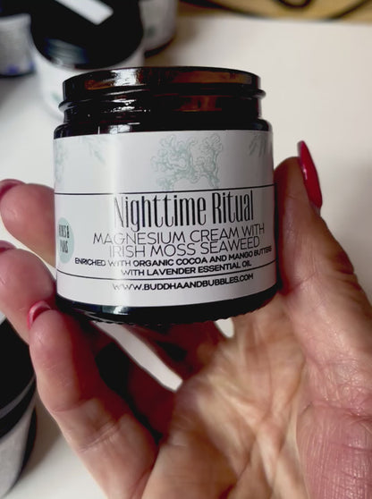 featuring Irish moss seaweed magnesium cream enriched with organic cocoa and mango butters with lavender essential oil made by buddha and bubbles botanicals