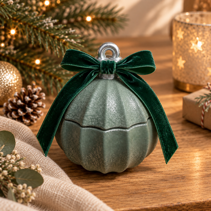 A green ribbed christmas bauble candle with a matching green velvet bow and silver loop, styled on a wooden surface with holiday decorations including pine branches