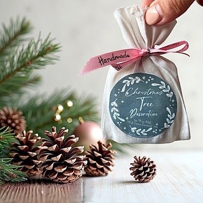 hand holding a Soy Wax Botanical Xmas Tree Decoration with reusable cotton bag drawer freshener made by buddha and bubbles botanicals
