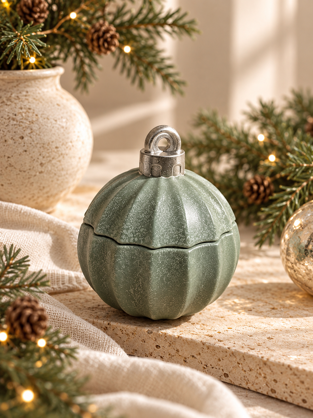 handmade christmas bauble candle ribbed shape with a silver cap and loop, styled on a stone surface with pine branches, warm string lights, and a textured cream vase in the background.