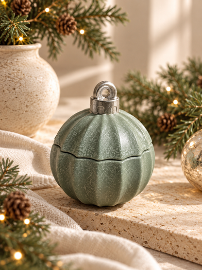 handmade christmas bauble candle ribbed shape with a silver cap and loop, styled on a stone surface with pine branches, warm string lights, and a textured cream vase in the background.