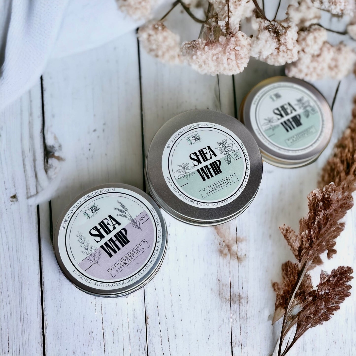 row of three handmade shea whip with essential oils on  a white background made by buddha and bubbles botanicals