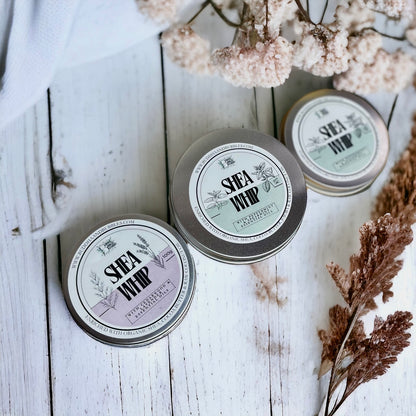 row of three handmade shea whip with essential oils on  a white background made by buddha and bubbles botanicals
