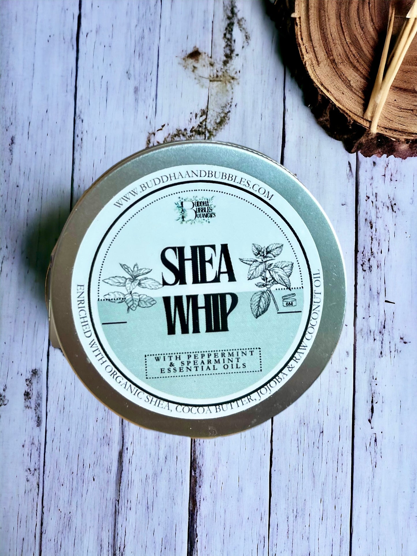 showing a large tin to Shea Whip with peppermint and spearmint essential oils made by buddha and bubbles botanicals