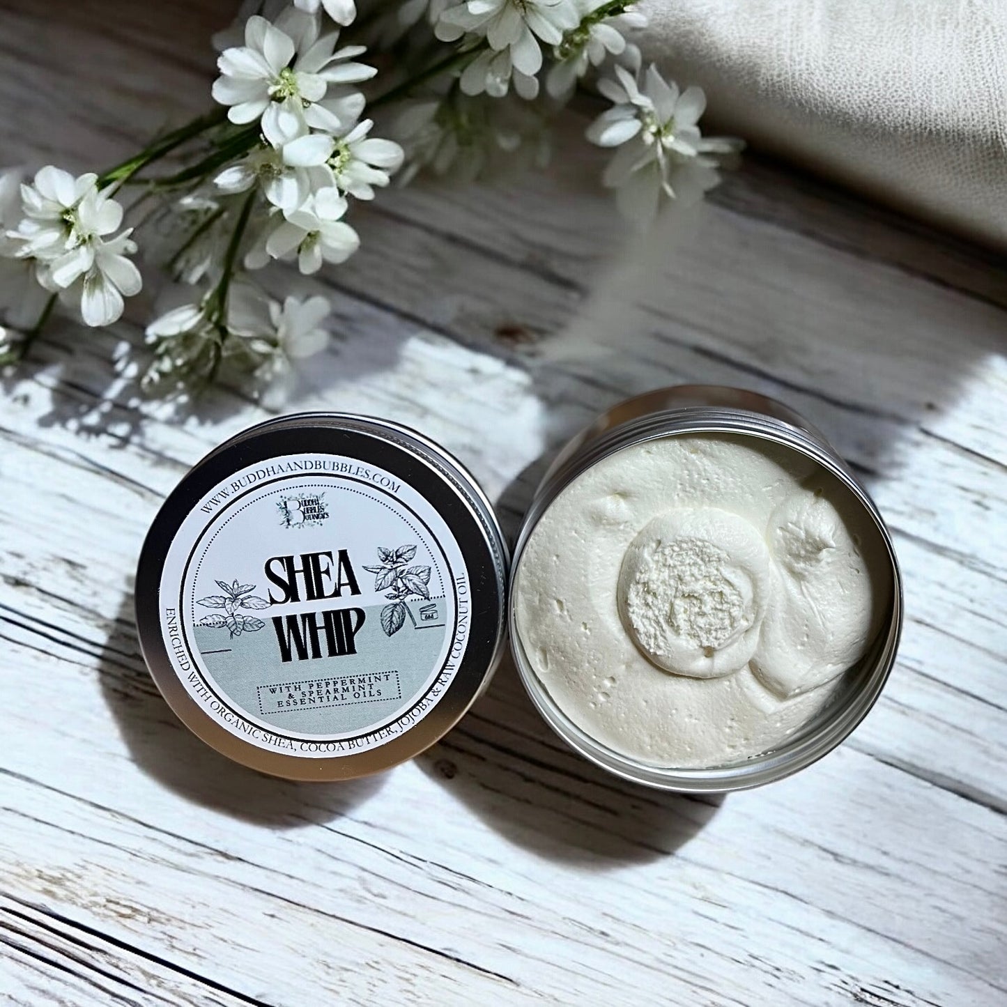 featuring handmade shea whip with peppermint and spearmint essential oils  in aluminium tins on a white background made by buddha and bubbles botanicals