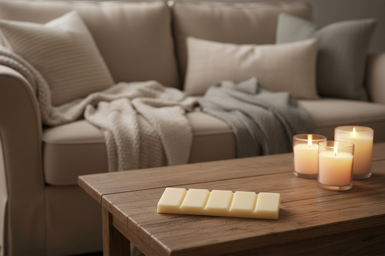 wax melt snap bar on a table with candles made by buddha and bubbles botanicals