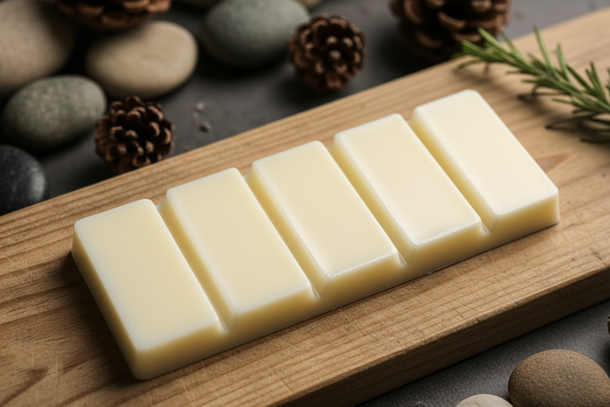 soy wax wax melt snap bar on a wooden shelf with pine cones made by buddha and bubbles botanicals