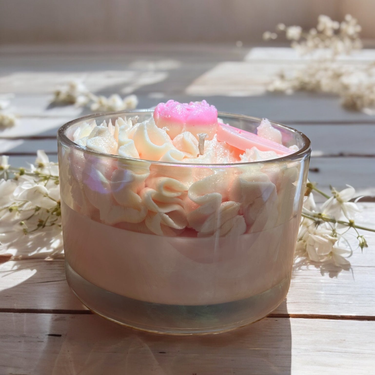 customised Luxury triple-wick candle featuring hand-piped whipped wax with choice of wax melt embed
