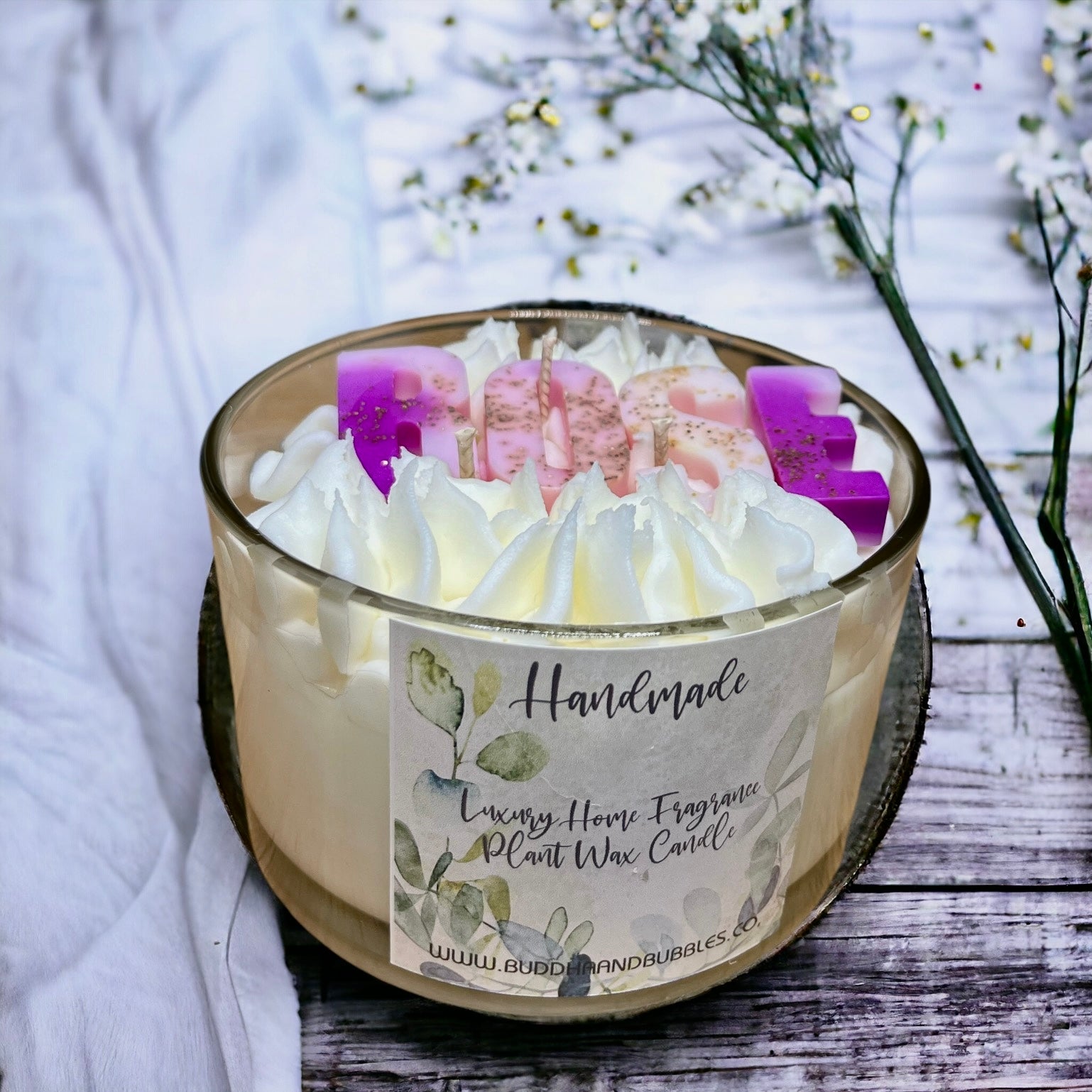 customised Luxury triple-wick candle featuring hand-piped whipped wax with choice of wax melt embeds