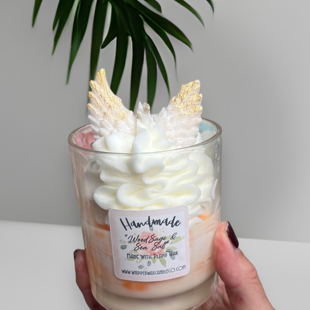 handmade whipped wax dessert candle with Snow Angel and Angel Wings 