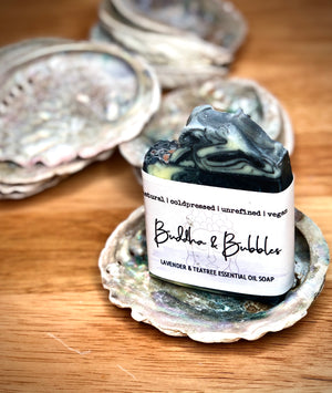 Open image in slideshow, Handmade Soap Lavender and Teatree Essential Oils and Activated Charcoal

