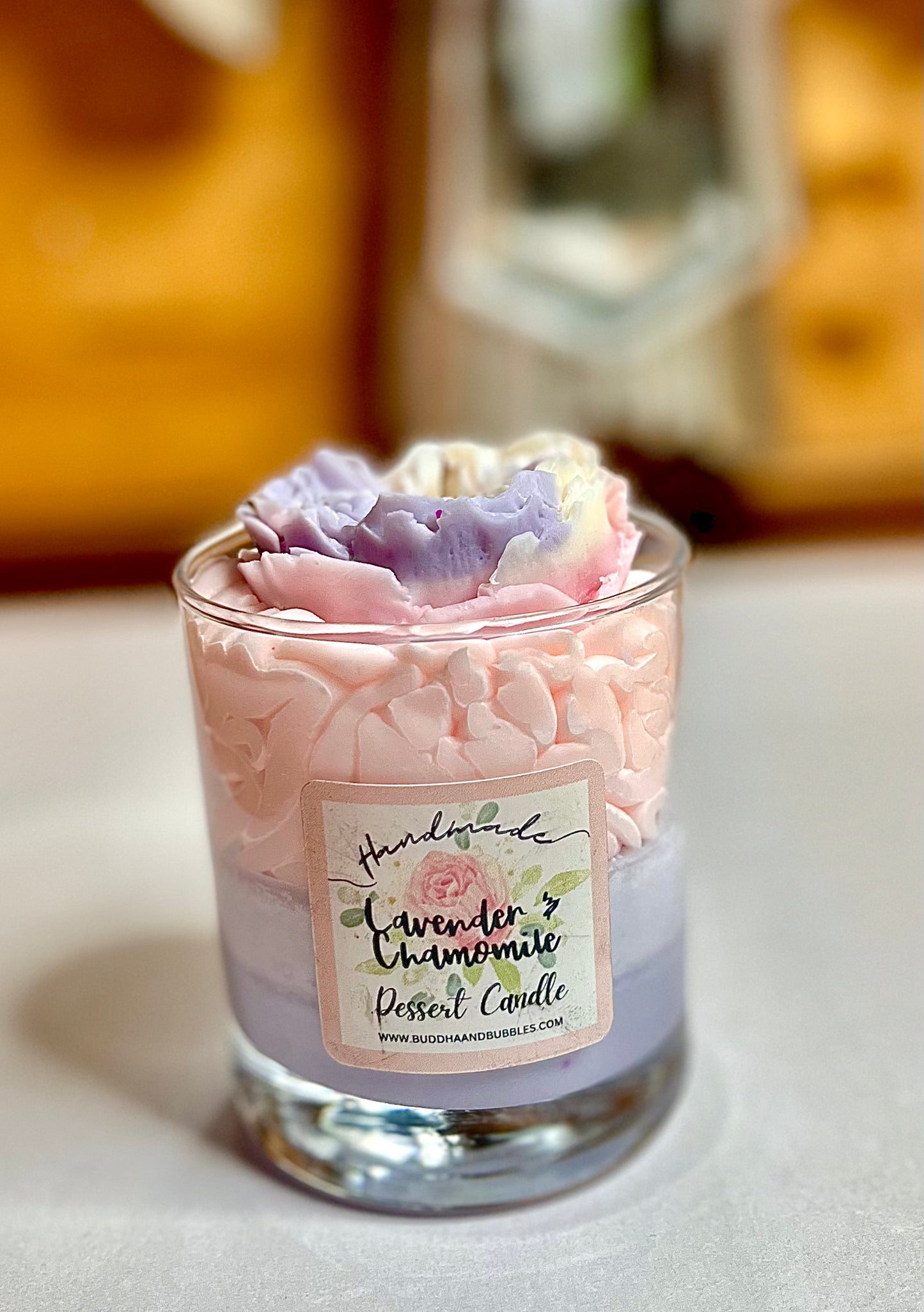 luxury whipped wax dessert candle with lavender and chamomile with rose bud buddha and bubbles