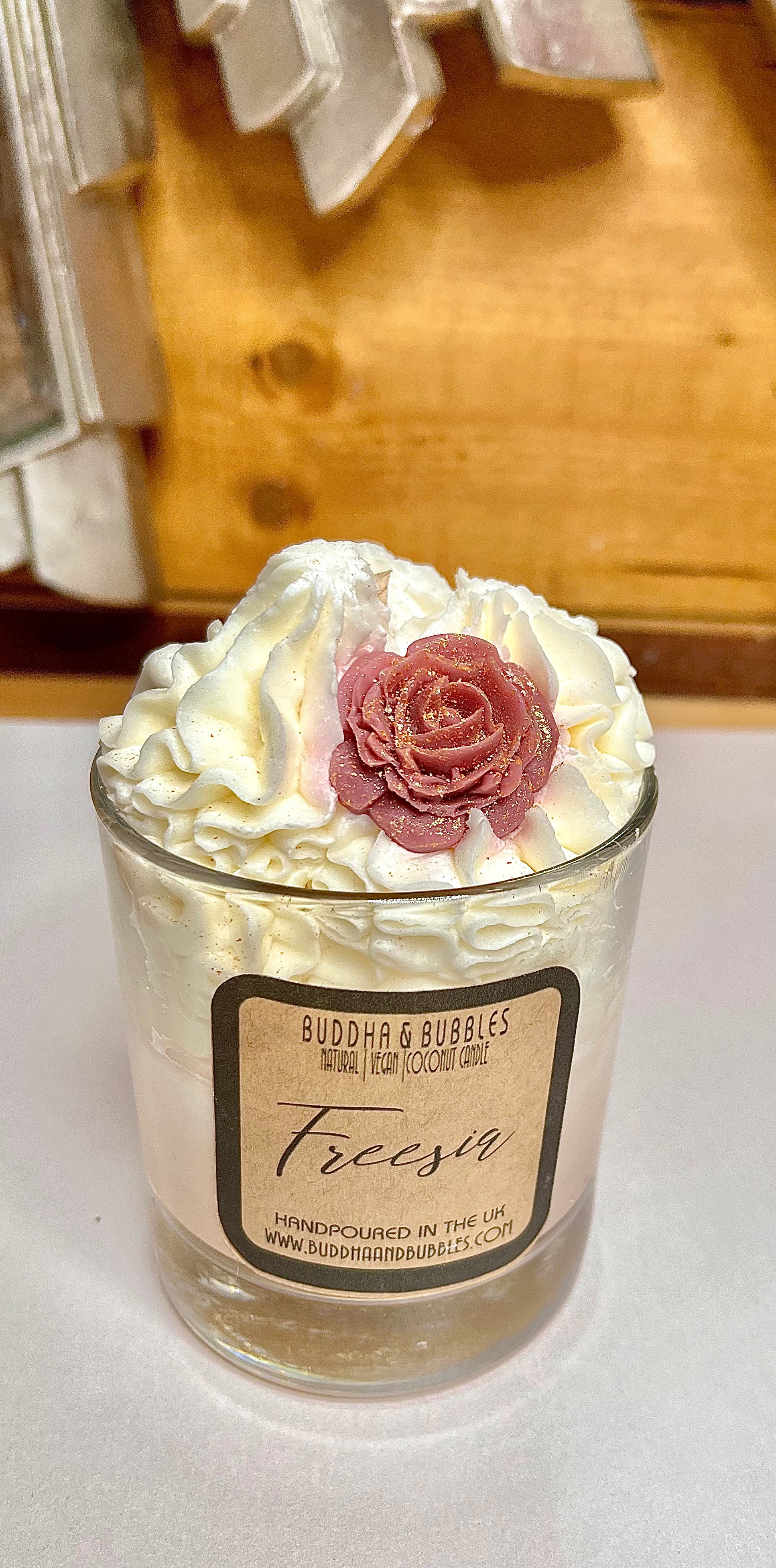Handmade Dessert Candle with Whipped Wax top and wax melt embeds with Daizey parfum